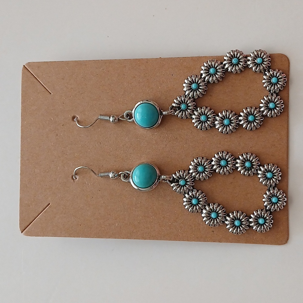Fashion Jewelry Silver and Turquoise Floral Earrings